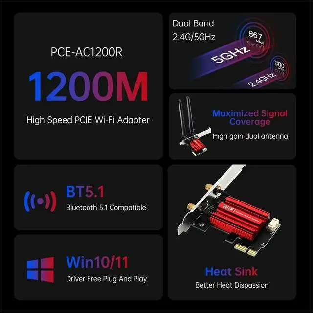 Alt view image 3 of 6 - 5 RTL8822CE PCI-E Card 1200Mbps Bluetooth 5.1 Dual Band 2.4G/5GHz 802.11AC Adapter for PC Win 10/11