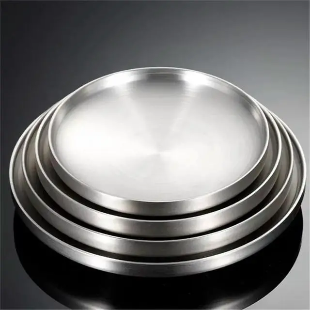 Alt view image 2 of 3 - Thick Stainless Steel Round Dinner Plate Western Dessert Dishes Tray Double-Layer Anti-Scalding Dining Home Decoration B