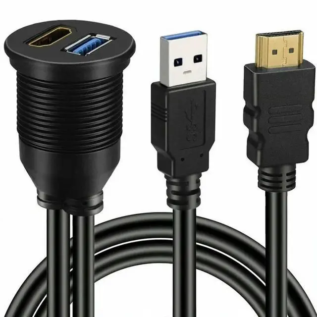 Alt view image 5 of 6 - USB 3.0 & HDMI-compatible To HDMI-compatible + USB3.0 AUX Extension Dash Panel Car Flush Mount Cable for Car Boat Motorcycle