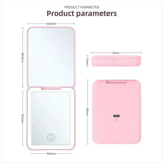 Alt view image 2 of 3 - Compact Mini Vanity Folding Cosmetic Mirror with Lights Hand Held Small Pocket Travel Makeup Mirror 2X Magnifying Pink