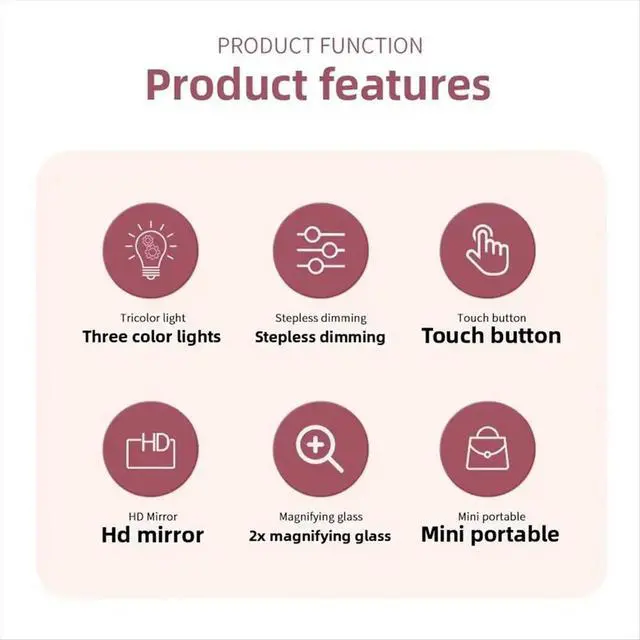 Alt view image 3 of 3 - Compact Mini Vanity Folding Cosmetic Mirror with Lights Hand Held Small Pocket Travel Makeup Mirror 2X Magnifying Pink