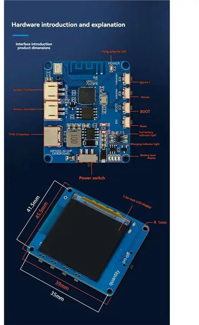 Alt view image 6 of 6 - For DIY Home Compatible 1.54-Inch LCD Display AI Voice Module With Mic& MAX98357 Amp, USB-C Programmable Sound Boa
