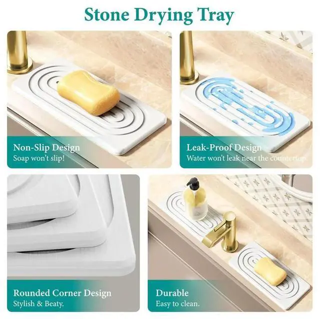 Alt view image 5 of 6 - Water Absorbing Stone Tray for Sink, Quick Drying Diatomite Bathroom Tray Countertop, Drying Mat for Kitchen Counter