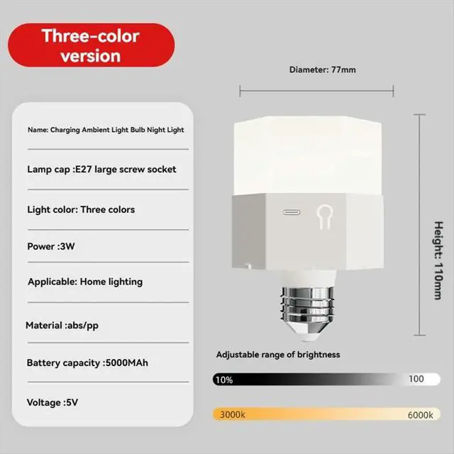Alt view image 6 of 6 - LED Rechargeable Light Bulbs with Remote Operated Light Bulb Three Color Changing Bulb with Hook
