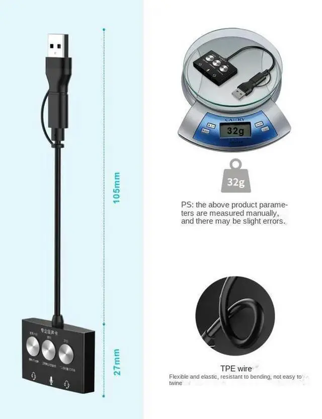 Alt view image 6 of 6 - Type-c Sound Card Live Game K Song Listening Song USB To Audio 3.5mm Multi-sound Effects