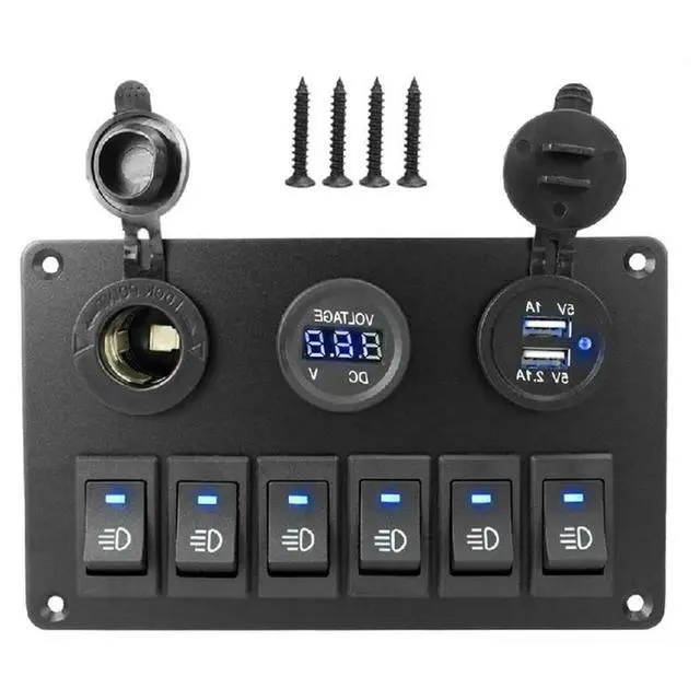 Alt view image 4 of 6 - Waterproof 6 Gang LED Digital Voltmeter Rocker Switch Panel Car Marine Circuit Breaker Dual USB Port On/OFF
