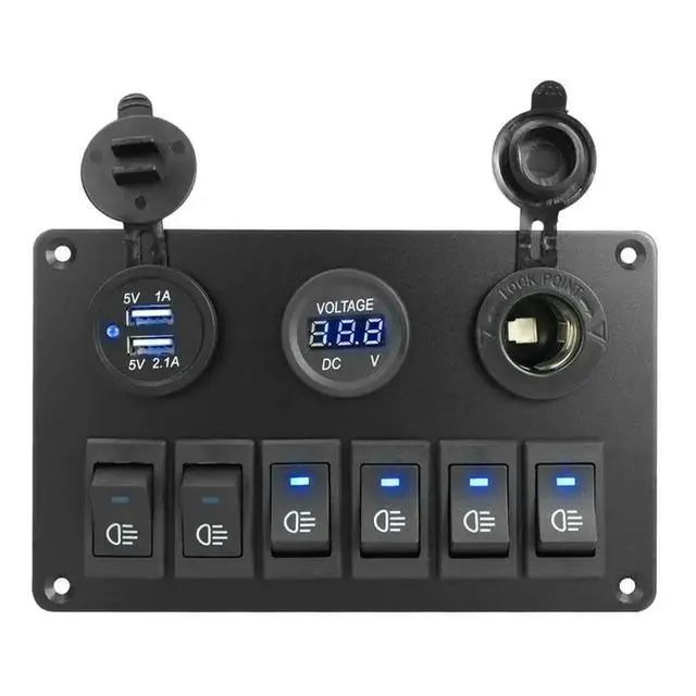 Alt view image 5 of 6 - Waterproof 6 Gang LED Digital Voltmeter Rocker Switch Panel Car Marine Circuit Breaker Dual USB Port On/OFF