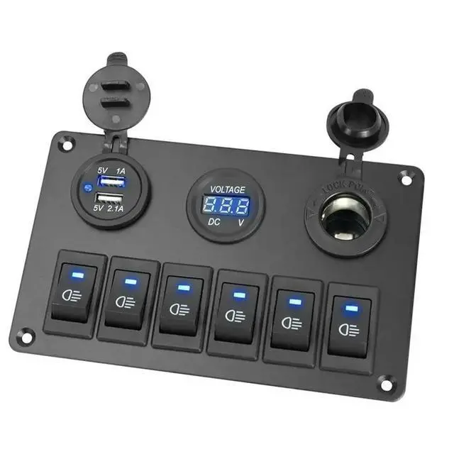 Alt view image 6 of 6 - Waterproof 6 Gang LED Digital Voltmeter Rocker Switch Panel Car Marine Circuit Breaker Dual USB Port On/OFF