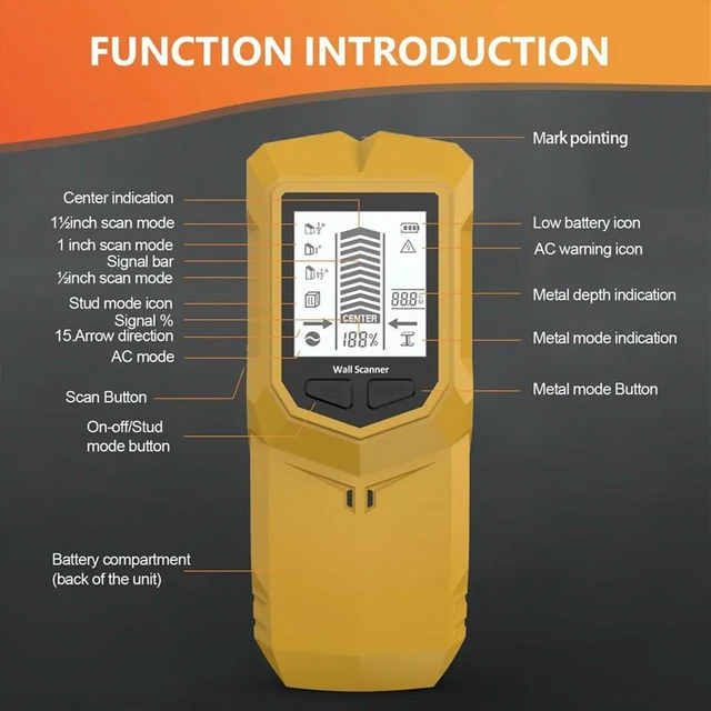 Alt view image 4 of 6 - 6-in-1 Wall l Detector Wall Stud Finder Wood Studs Voltage Live Wire Detect Wall Electric Box Finder Yellow