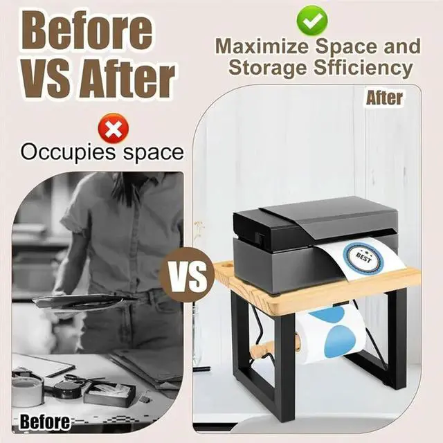 Alt view image 4 of 4 - el Holder For Rolls And Fan-Fold els, Wooden Double-Decker Thermal Printer Stand Dispenser Organizer