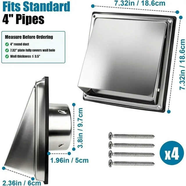 Alt view image 6 of 6 - Rain Shield 45°, Stainless Steel 4 Inch For Dryer Vent Cover Outside, Silver Exterior Wall, For Dryer Duct And RV
