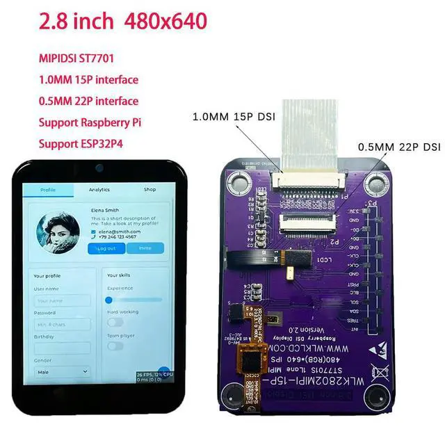 Alt view image 4 of 6 - 2.8" MIPIDSI15P/22P 480x640 IPS LCD display touch screen for ESP32P4 Raspberry Pi