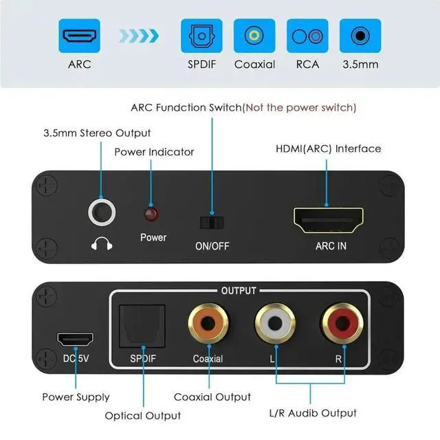 Alt view image 5 of 6 - ARC Audio Extractor Converter 192KHz HDMI ARC To SPDIF Coaxial L/R Stereo RCA 3.5mm Stereo Audio Adapter for TV Soundbar Speaker