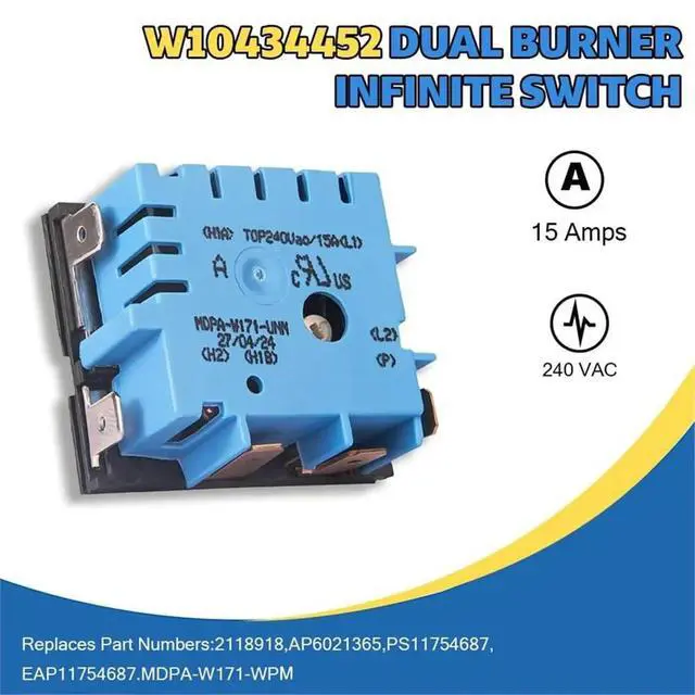 Alt view image 5 of 6 - W10434452 Infinite Burner Switch Replacement for Whirlpool Amana Maytag KitchenAid Inglis Electric Ranges