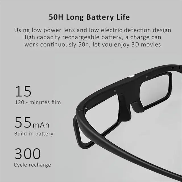 Alt view image 4 of 6 - DLP Link Active Shutter 3D Glasses USB Rechargeable 3D Eyeglasses for Home Cinema DLP Projector Not Suitable for All TV