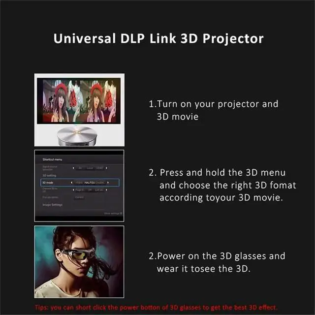 Alt view image 6 of 6 - DLP Link Active Shutter 3D Glasses USB Rechargeable 3D Eyeglasses for Home Cinema DLP Projector Not Suitable for All TV