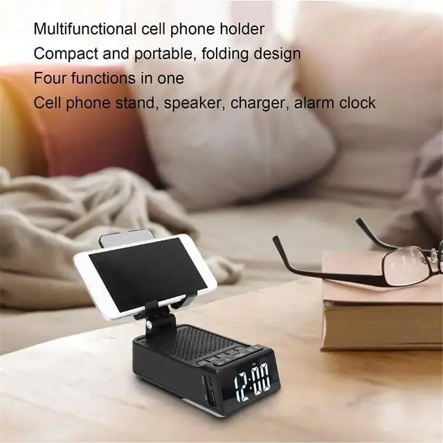 Alt view image 6 of 6 - Desktop Phone Holder Bluetooth Alarm Clock Speaker Cell Phone Stand 7 Lighting Modes 180° Rotation for Home