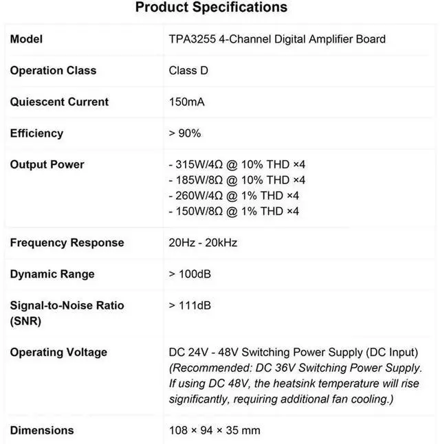 Alt view image 2 of 3 - TPA3255 4-Channel High Power 315Wx4 Digital Power Amplifier Board Hifi Class D Balanced Input Audio Amp Module