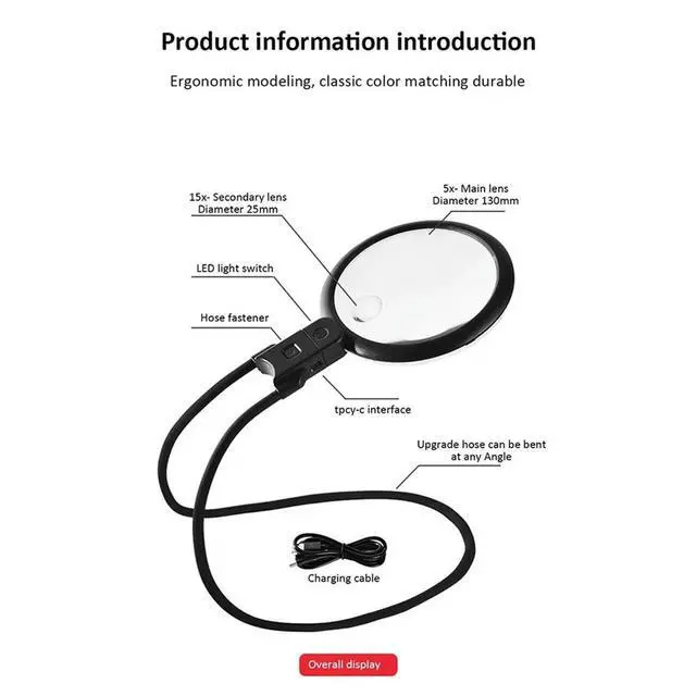 Alt view image 4 of 6 - Hands Free Magnifying Glass 36 LED Lights,5X 15X Rechargeable Neck Wear Magnifier for Seniors Reading Sewing Jewelry