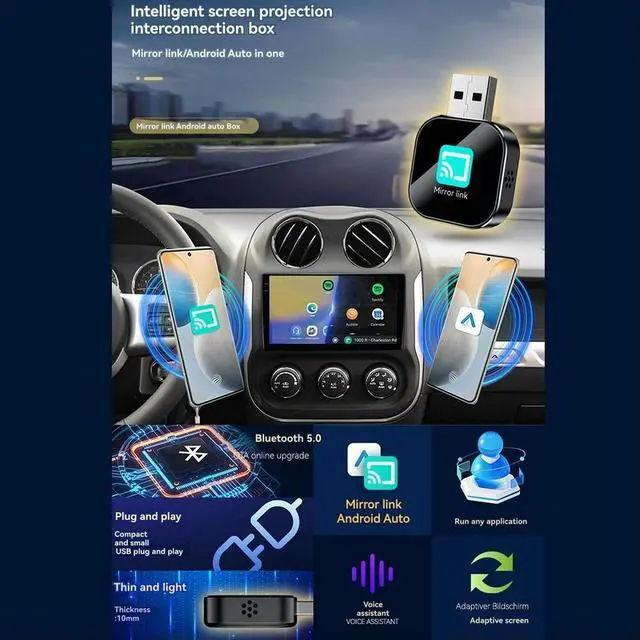 Alt view image 5 of 6 - 2in1 CarPlay Mirror Link Android Auto Adapter Bluetooth 5.0 Wired to CarPlay USB Plug and Play Black