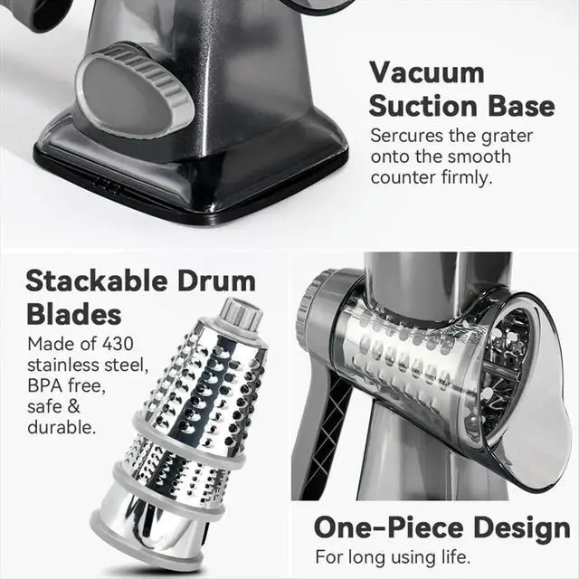 Alt view image 4 of 6 - Cheese Grater Hand Crank Rotary Vegetable Shredder with Handle,Interchangeable Blades,Multifunctional Slicer for Kitchen