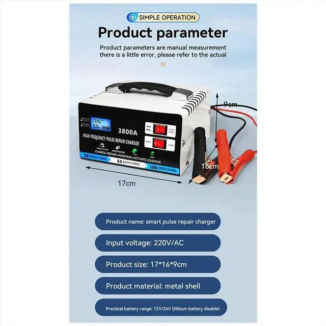 Alt view image 6 of 6 - High Power Full Automatic Car Charger for Lead Acid Fast Charger Repair Charger 12V 24V EU Plug