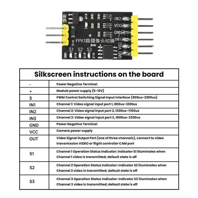 Alt view image 3 of 3 - DC5-12V FPV 3-channel camera switching channel video switcher module, PWM control suitable for time traveling machines/drones