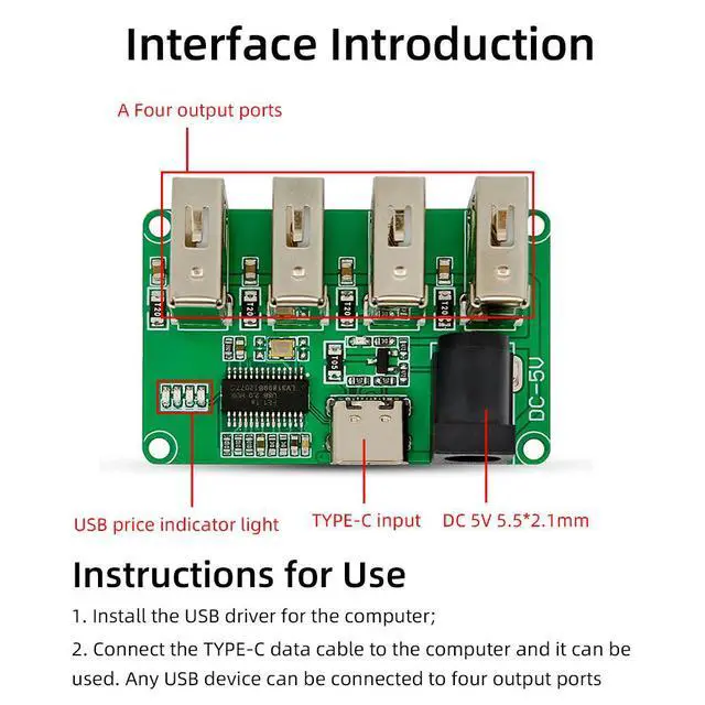 Alt view image 3 of 3 - USB2.0 HUB PH2.0 Interface 1 To 4 Port USB HUB Module Driver-Free USB Splitter 1 To 4 USB2.0 HUB-AD03 Type-C Interface