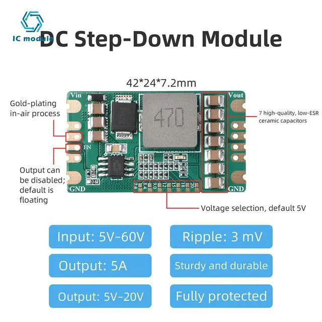 Alt view image 2 of 3 - DC-DC Step-Down Module Adjustable Output 5V-60V to 5V-20V High Efficiency 5A Compact Design for Industrial Power Supply