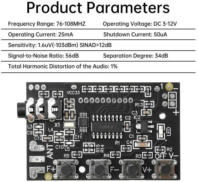 Alt view image 2 of 3 - DC 2.8V-12V Two-Channel Stereo FM Radio Module FM Receiver Board 76.0mhz~108.0mhz Electronic Kit