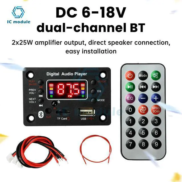 Alt view image 2 of 3 - Dual-Channel MP3 Bluetooth Decoder Board 2*25W Audio Amplifier with USB TF AUX FM Remote Control BT 5.0 Multifunctional DC 6-18V