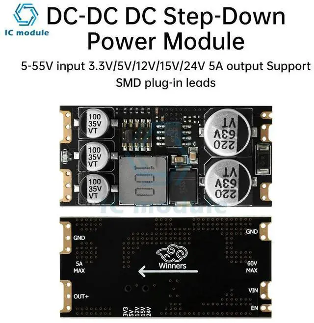 Main image of Mini DC-DC DC Step-Down Converter Buck Power Supply Module 5-55V to 3.3V/5V/12V/15V/24V 5A Buck Board