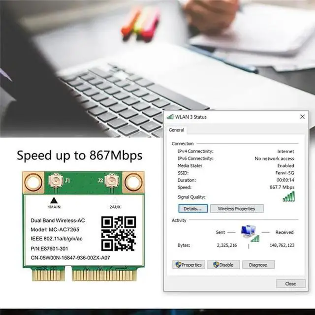 Alt view image 4 of 6 - 1200Mbps -AC7265 Dual Band Mini PCI-E Card Bluetooth 4.2 802.11Ac Dual Band 2.4G 5Ghz Adapter for Laptop