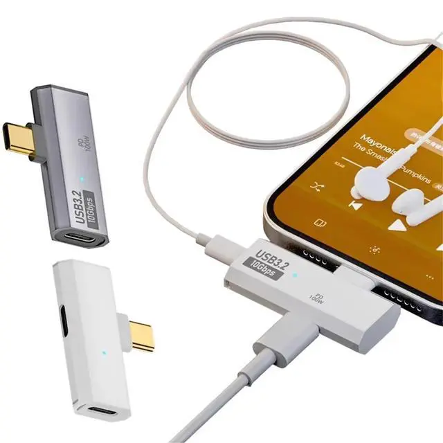 Alt view image 6 of 6 - USB3.2 10Gbps USB C to Dual Type-C OTG Data Adapter Male to Female 100W Fast Charging Earphone Adapter White