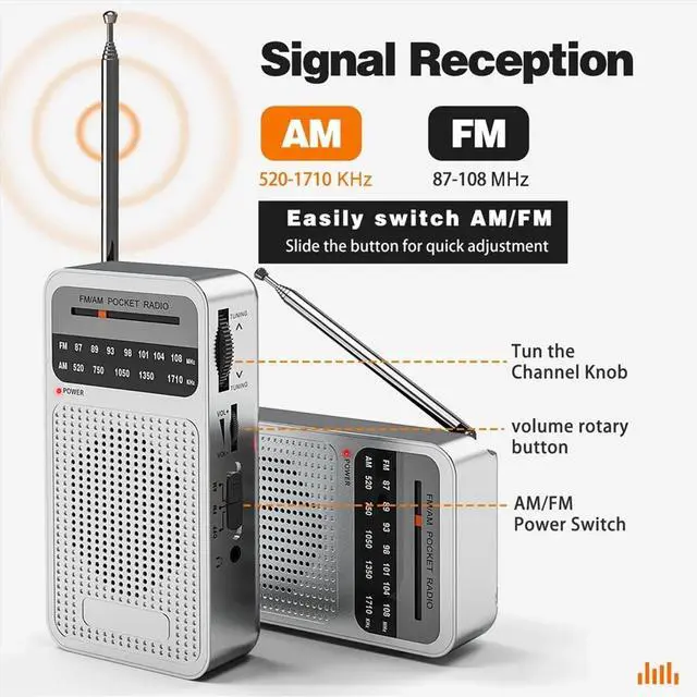 Alt view image 6 of 6 - AM FM Pocket Radio, Transistor Radio with Loudspeaker, Headphone Jack, Radio for Indoor, Outdoor Use Silver