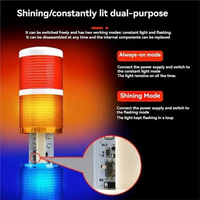 Alt view image 5 of 6 - Industrial LED Signal Tower Lights DC12-24V Warning Light System Includes Steady/Flashing Modes And Light Strips