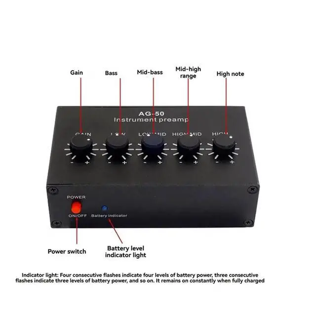 Alt view image 4 of 6 - -50 Instrument Pre-Amplifier 4-Band Equalizer 6.35mm TR 3.5mm TRS Rechargeable Pre-Amplifier for Piezoelectric Pickups