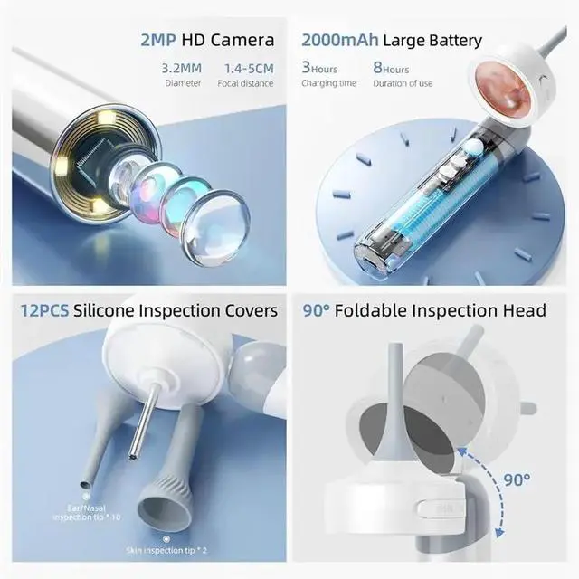 Alt view image 6 of 6 - Ear Otoscope With 1080P HD Camera And 4 LED Lights 1.38" IPS Display Ear Camera Ear Scopes With Inspection Head
