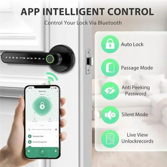 Alt view image 6 of 6 - Keyless Entry Door Locks With Handle, Fingerprint Door Lock For Bedroom, APP Controlled Wireles Smart Door Lock