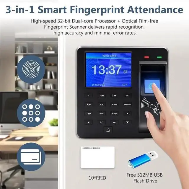 Alt view image 6 of 6 - RFID Enabled 1000 Fingerprints Fingerprint/Password ID Card Time Attendance Machine With Access Control Identification