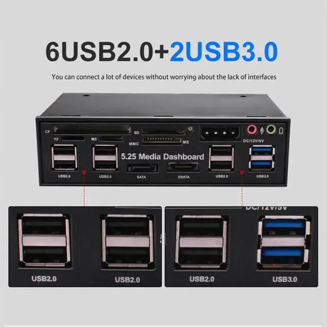 Alt view image 6 of 6 - 5.25 Inch Media Dashboard with USB 2.0/3.0 E-SATA SATA Multi-Card Reader for Desktops