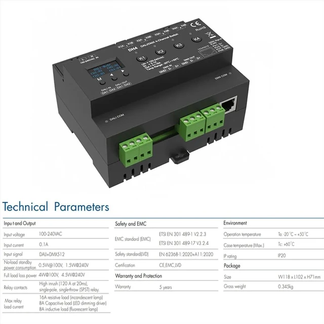 Alt view image 6 of 6 - For 4-Channel Switch With OLED Display Screen Relay 4CH Dry Contact Output 4 Address -RDM Din Rail 100-240VAC