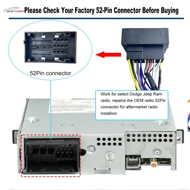 Alt view image 2 of 5 - 16Pin Android Stereo Wiring Harness Adapter for Select Chrysler Dodge Jeep Ram, Factory 52-Pin to 16-Pin ISO Radio Connector with SWC Reverse Wire