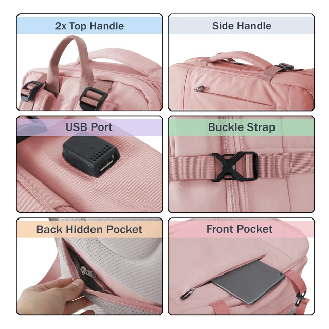 Alt view image 5 of 5 - Zeproage Travel Backpack, Expandable Large Capacity Business Work, Water Repellent Carry On Daypack with USB Charging Port, Fit 17 Inch Laptop, Bag for Men and Women, Pink