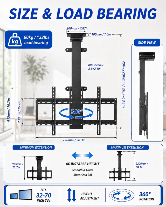 Alt view image 2 of 5 - Motorized Ceiling TV Mount for 3270 in TVs, Manual 360 Swivel(35.4inch)