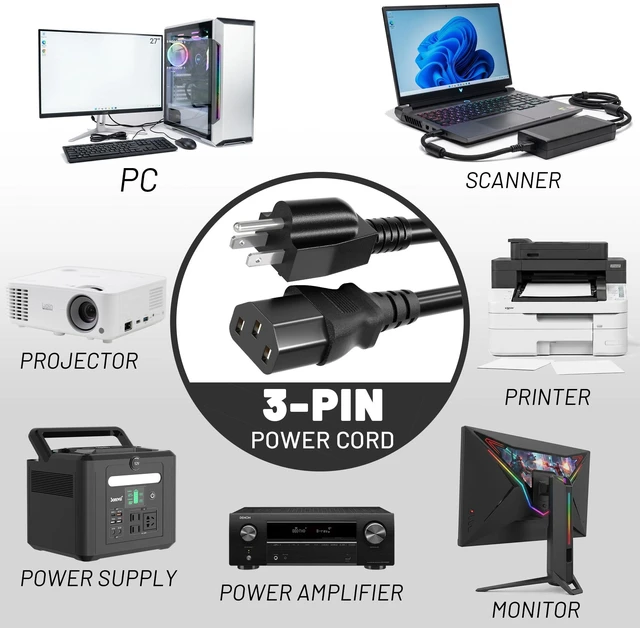 Alt view image 2 of 5 - Vockjour Universal 50ft(14.8m) Power Cord, 3-Prong Pure Copper ETL, Black