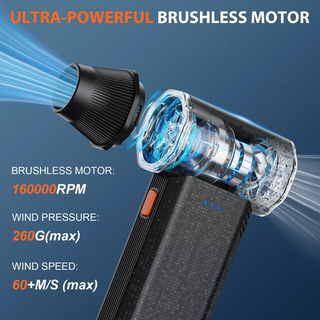 Alt view image 2 of 5 - Compressed Air Duster, 160000RPM Ultra Powerful Electric Air Duster, 3-Speed Adjustable Air Blower, Rechargeable Cordless Mini Blower for Keyboard, Computer, Electronics, Car, Home & Outdoor Cleaning