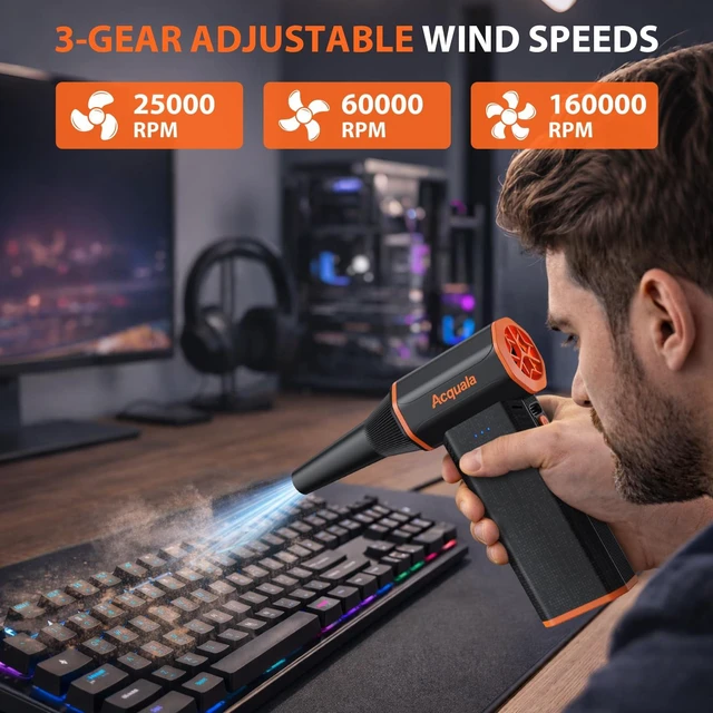 Alt view image 3 of 5 - Compressed Air Duster, 160000RPM Ultra Powerful Electric Air Duster, 3-Speed Adjustable Air Blower, Rechargeable Cordless Mini Blower for Keyboard, Computer, Electronics, Car, Home & Outdoor Cleaning