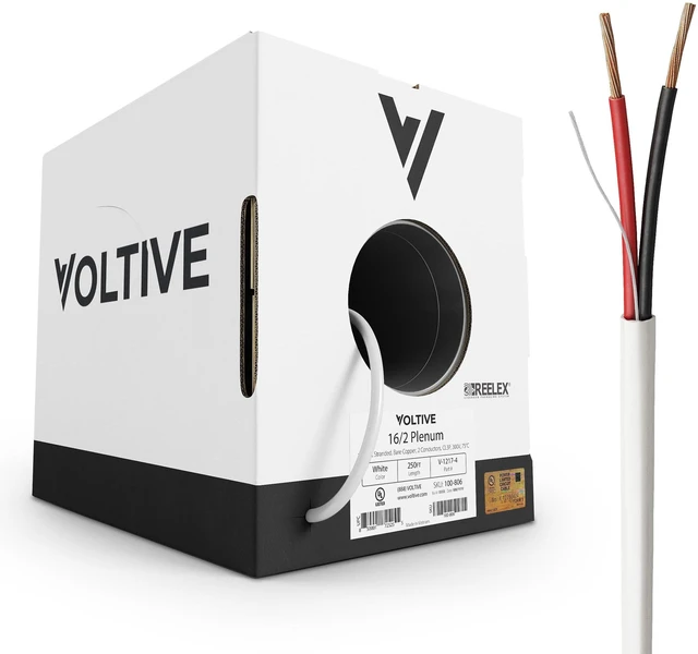 Main image of Voltive 16/2 Speaker Wire, Plenum CL3P, White, 250ft - 16AWG, 2 Conductors, Stranded Oxygen-Free Copper, UL Listed - V-1217-4