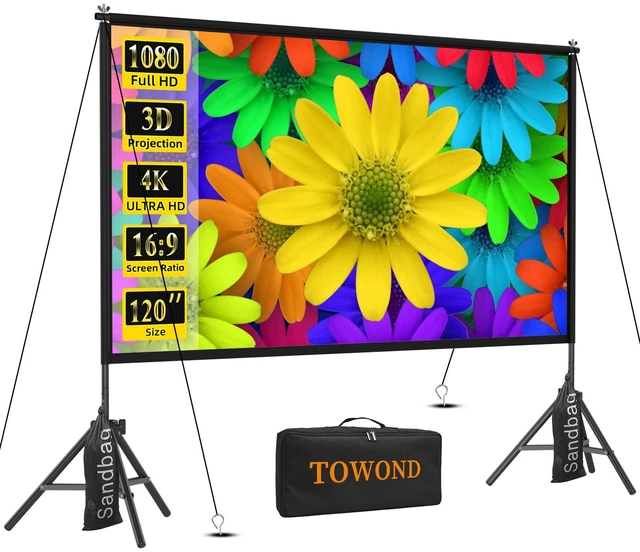 Main image of TOWOND Projector Screen with Stand,120 inches Indoor Projector Screen Outdoor Portable 16:9 4K HD Rear Front Projection Movie Screen with Carry Bag Wrinkle-Free Design for Backyard Theater